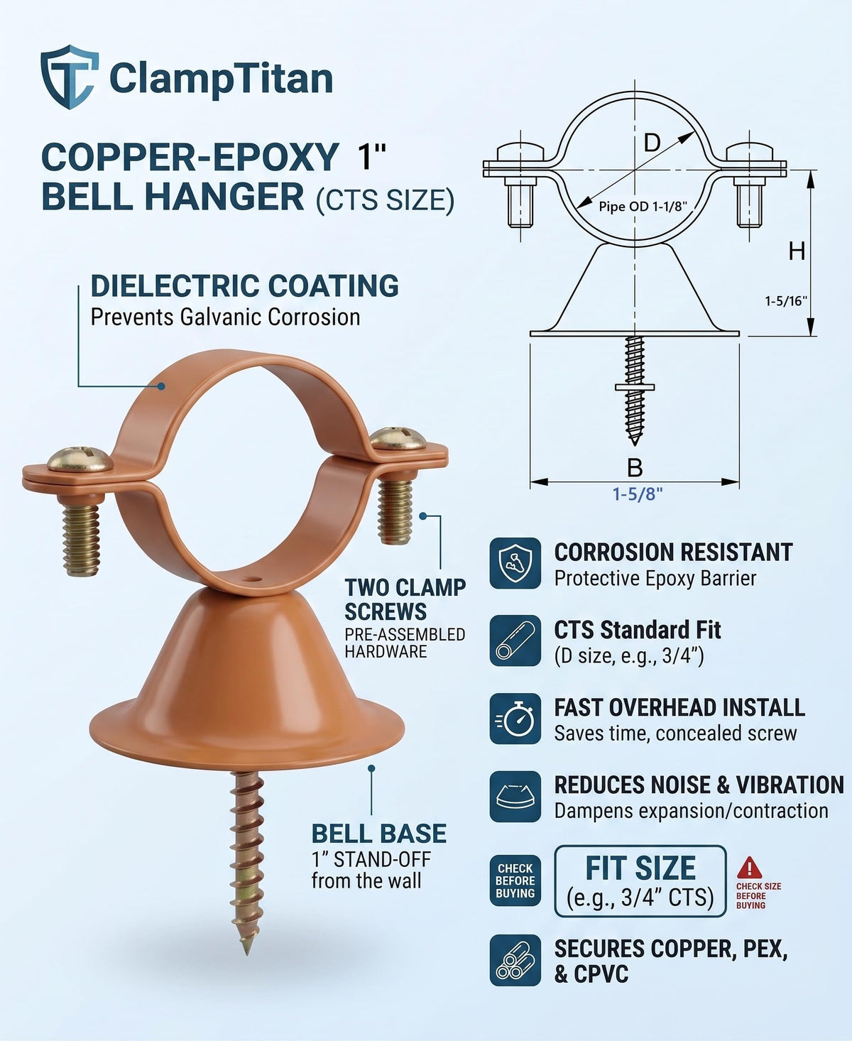 ClampTitan Bell Hanger Copper Coated Steel, Copper Epoxy, 10 Pieces